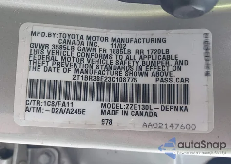 2003 Toyota Corolla Le z USA, uszkodzony, nr VIN 2T1BR38E23C108775